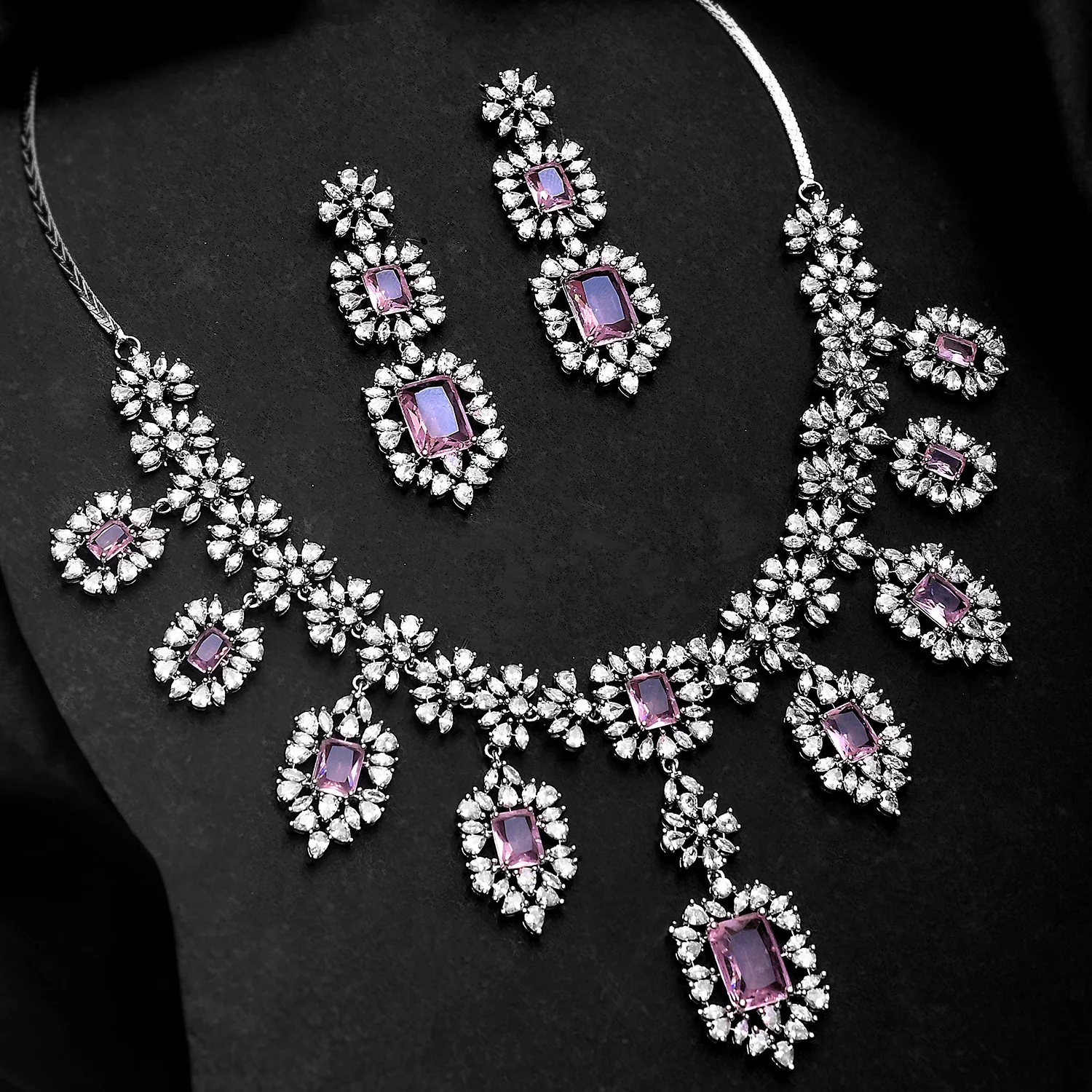 Sparkling Essentials Serene Floral American Diamond Necklace Set