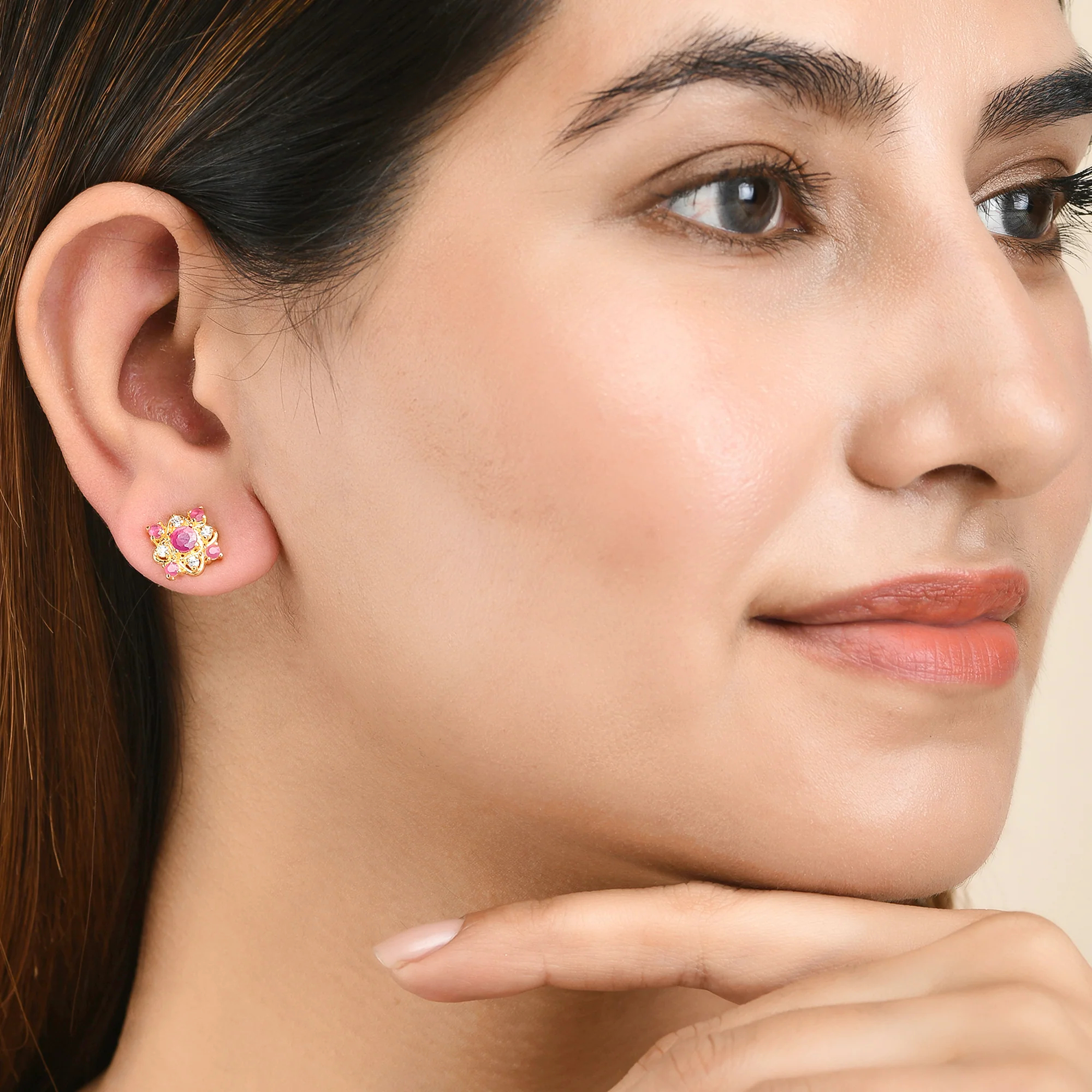 Sparkling Essentials White and Pink CZ Gems Stud Earrings - Image 2