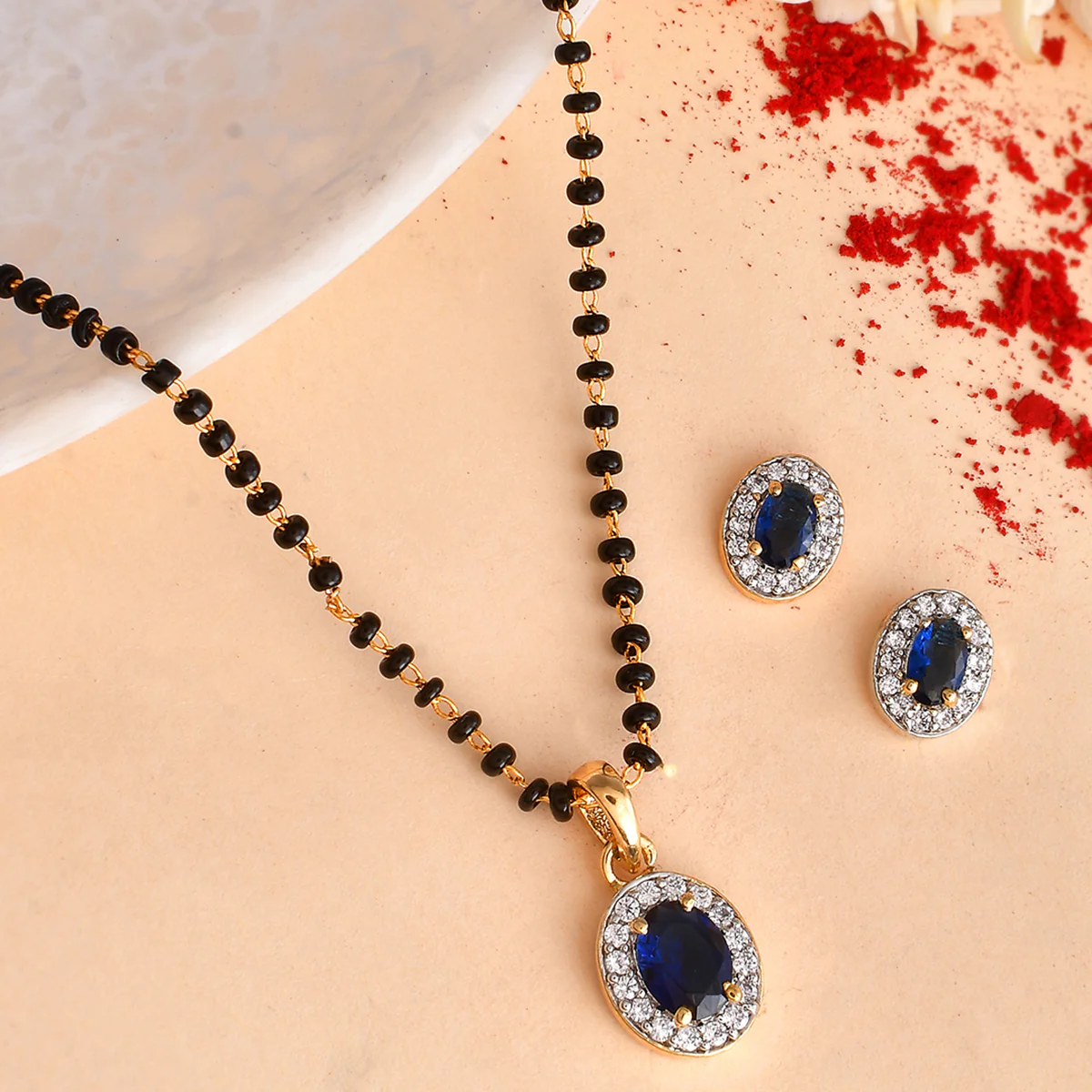 Sparkling Essesntials Blue Oval Gold Plated Mangalsutra Set