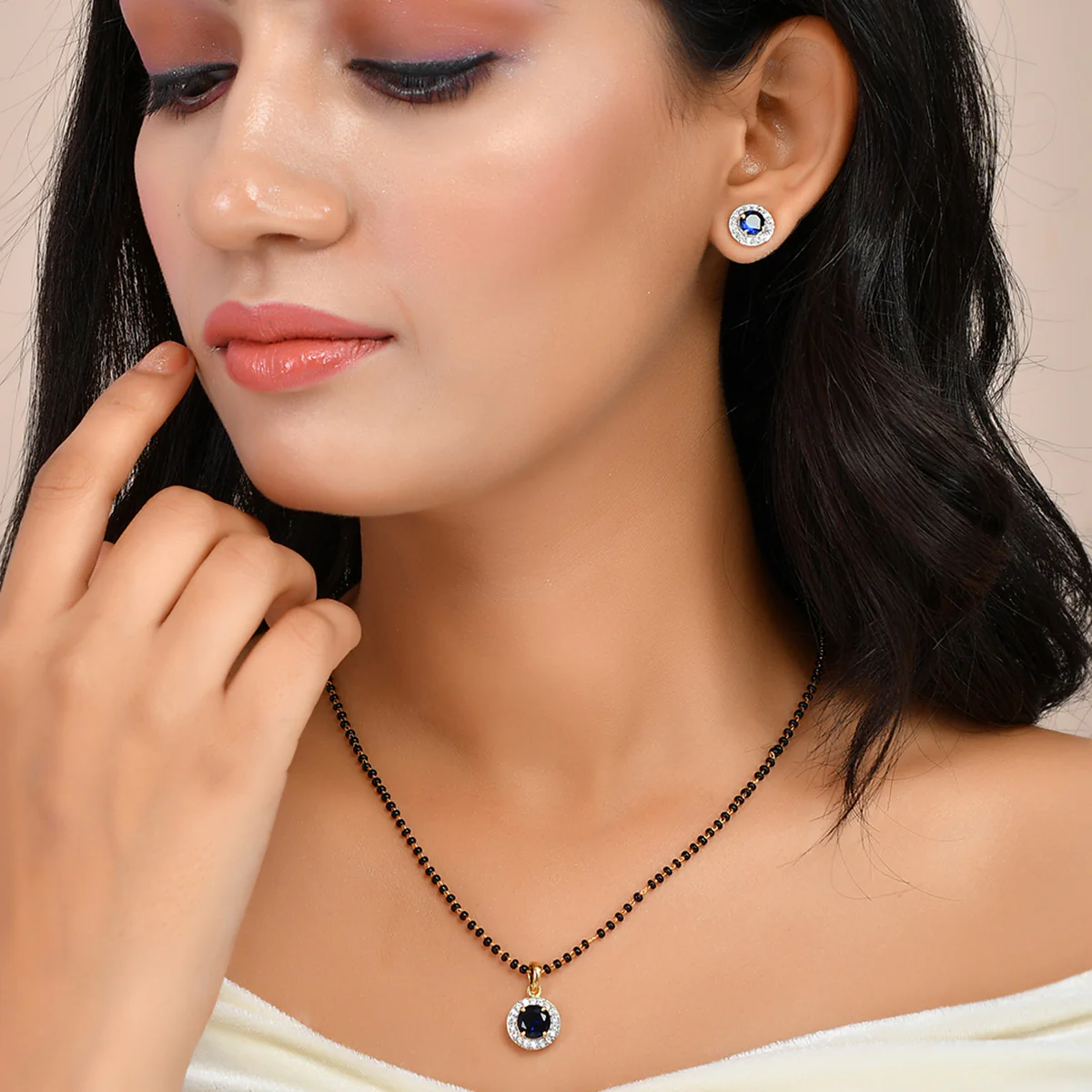 Sparkling Essesntials Blue Round Gold Plated Mangalsutra Set - Image 2