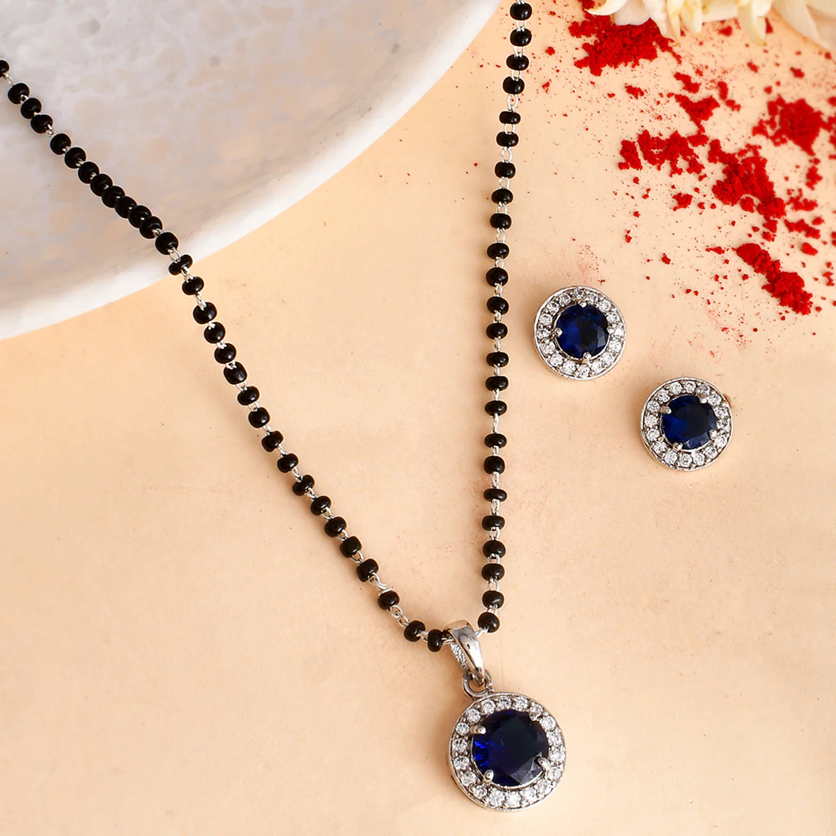 Sparkling Essesntials Blue Round Stone Silver Mangalsutra Set