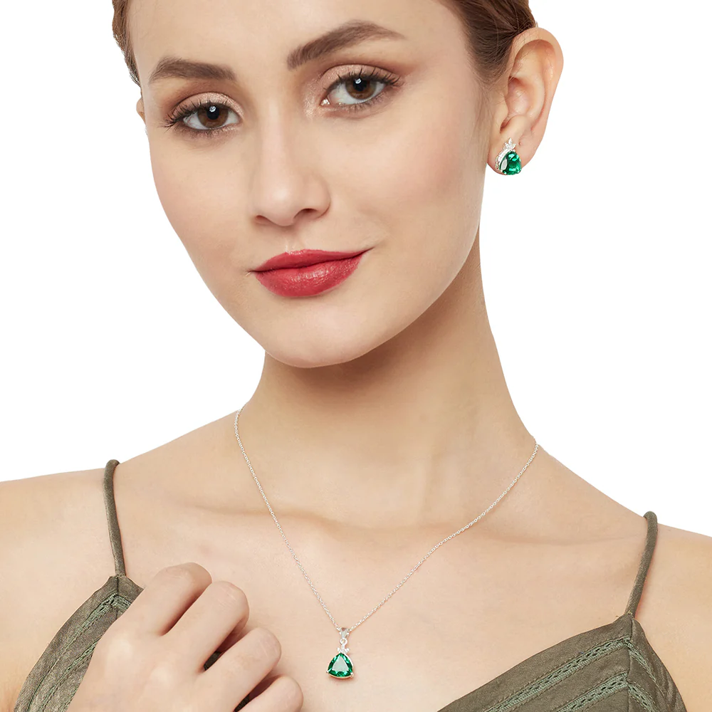Sparkling Green Stone Cz Pendant Set With Chain - Image 2