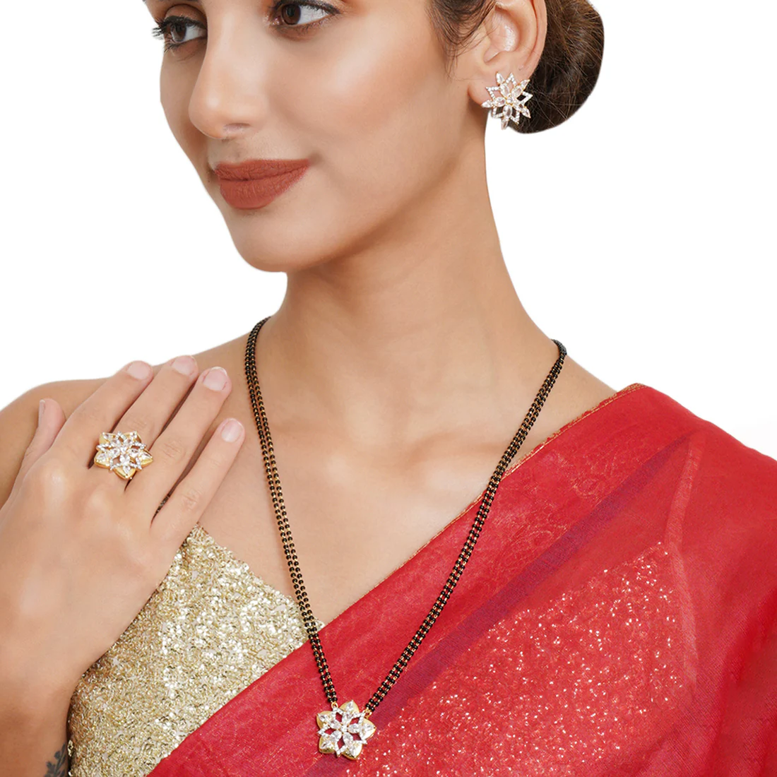 Sparkling Mangalsutra Necklace Set with Starry Floral Motifs - Image 2