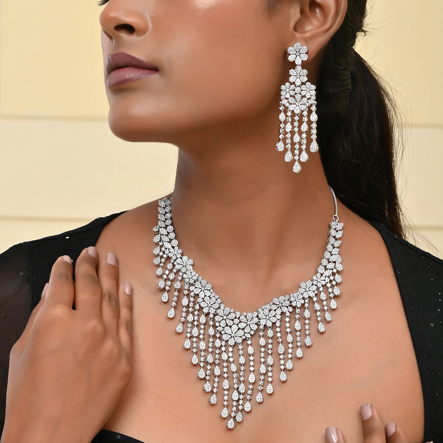 Sparkling Opulance Cascading Teardrop American Diamond Necklace Set - Image 2