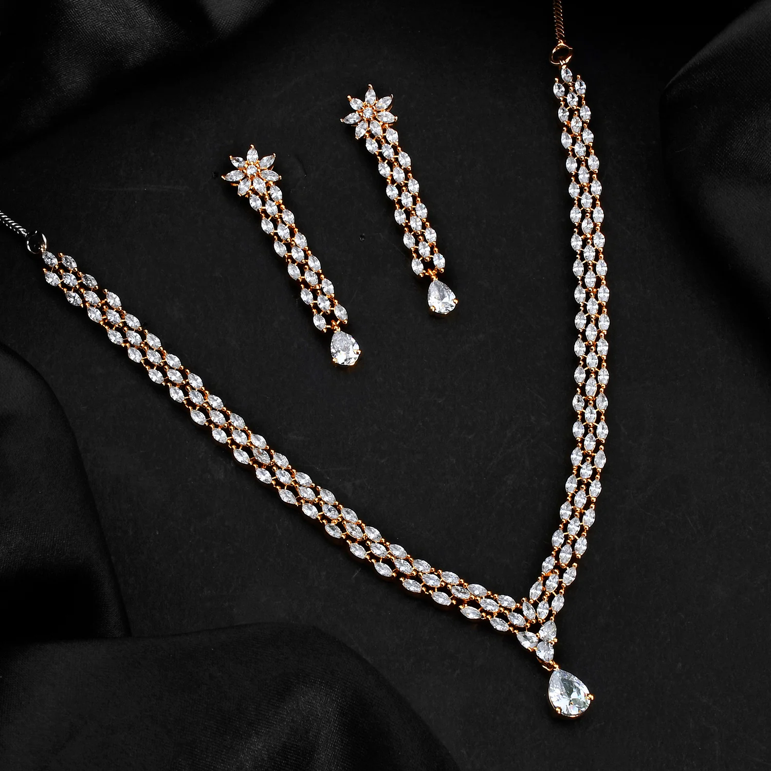 Sparkling Opulance Crystal Radiance Gold American Diamond Necklace Set