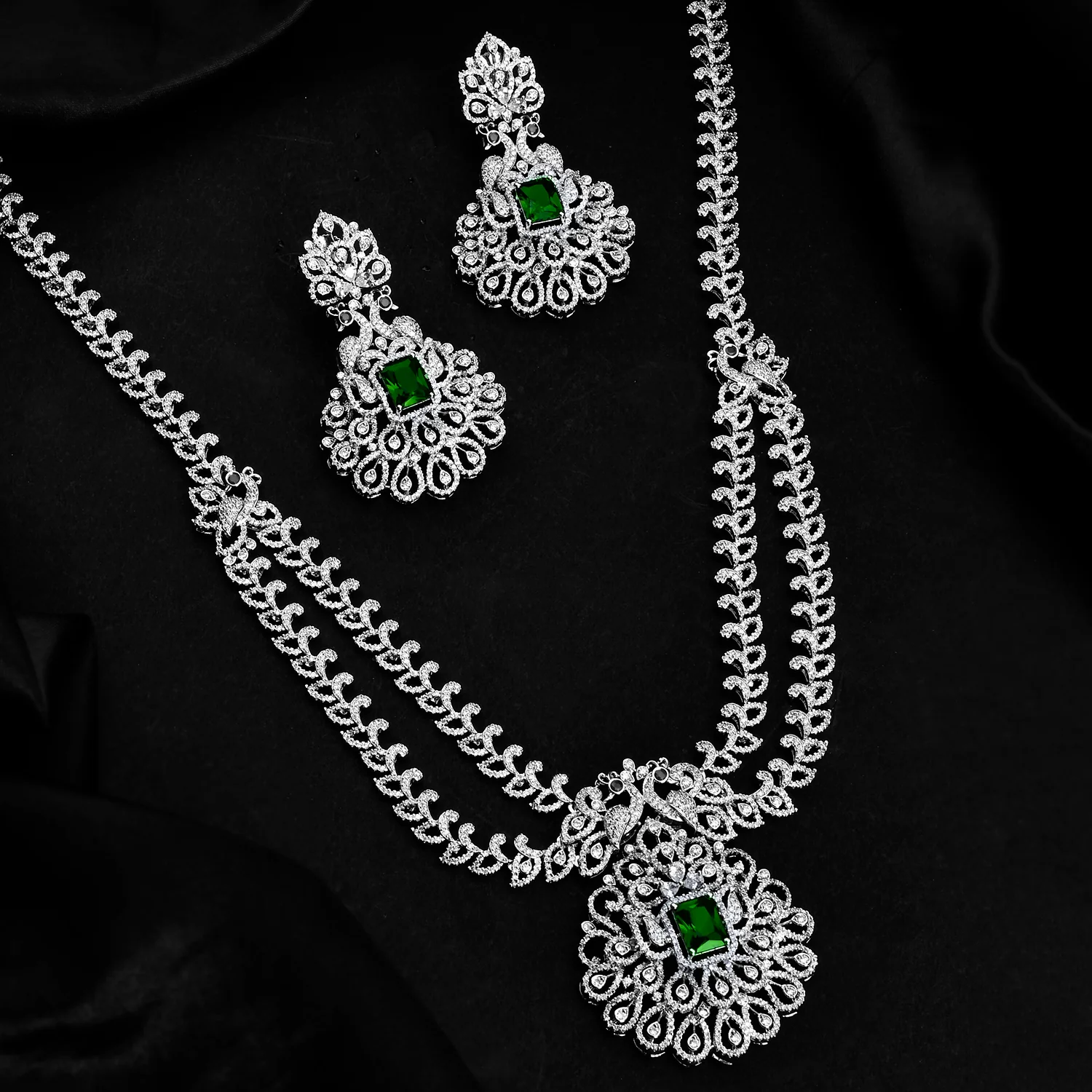 Sparkling Opulance Emerald Plume American Diamond Necklace Set
