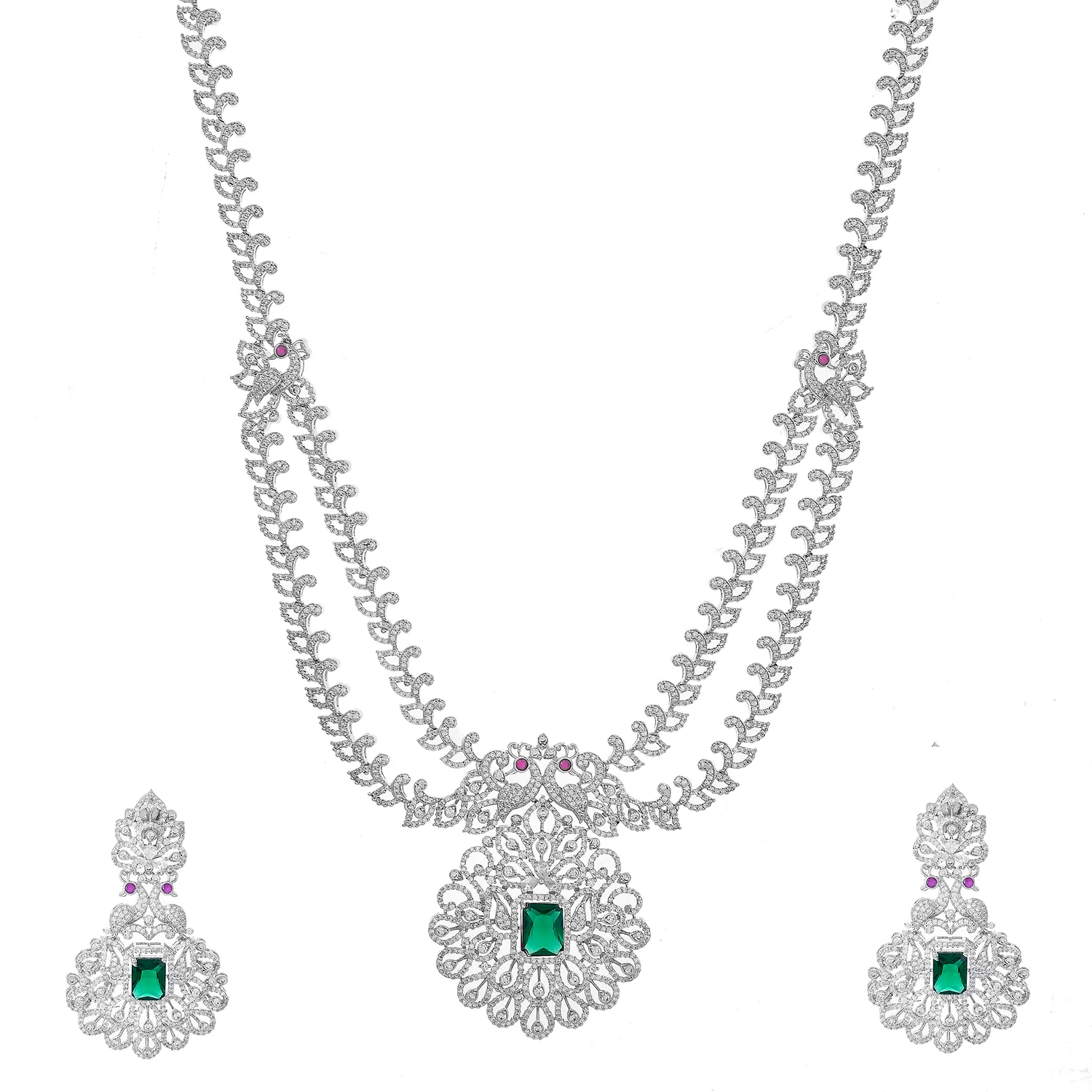 Sparkling Opulance Emerald Plume American Diamond Necklace Set - Image 3