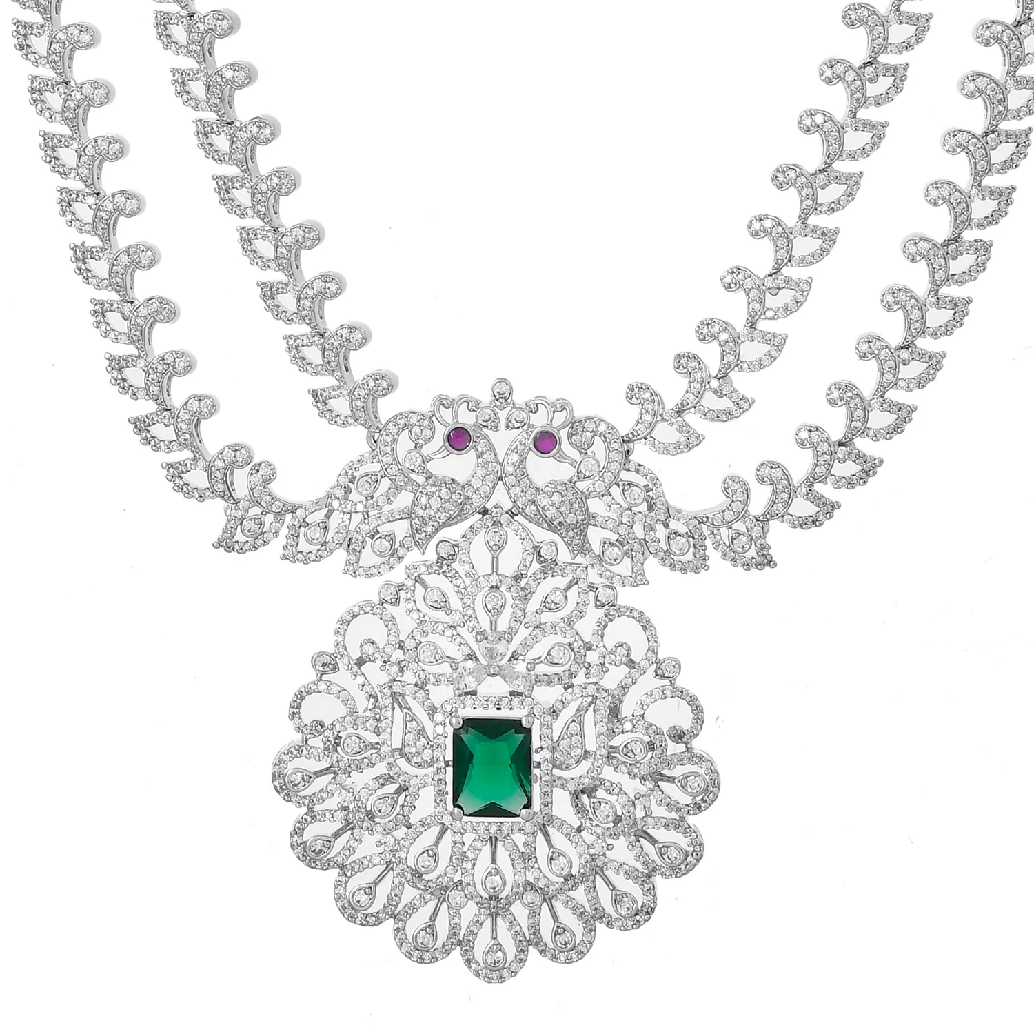 Sparkling Opulance Emerald Plume American Diamond Necklace Set - Image 5