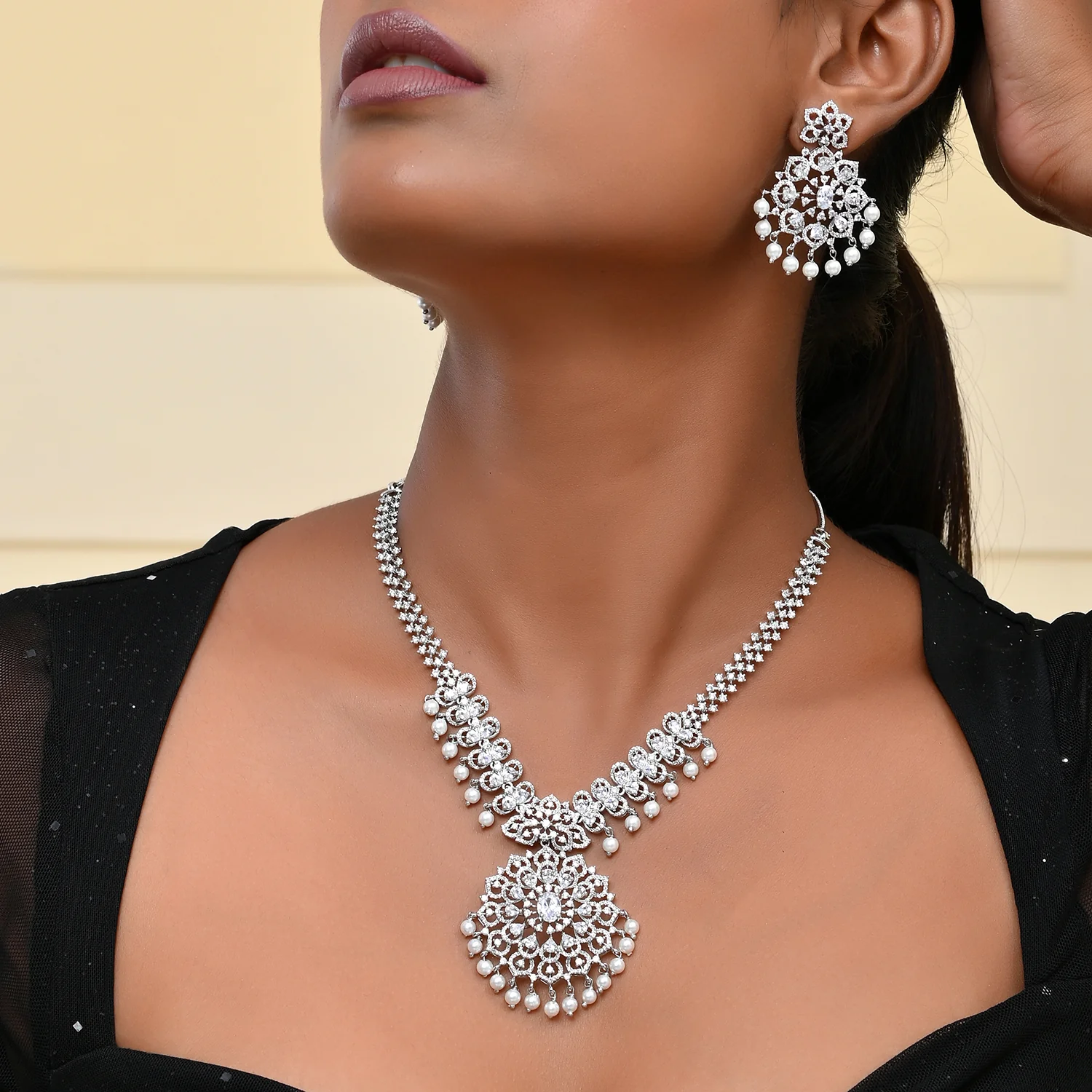 Sparkling Opulance Luxe American Diamond Necklace Set - Image 2