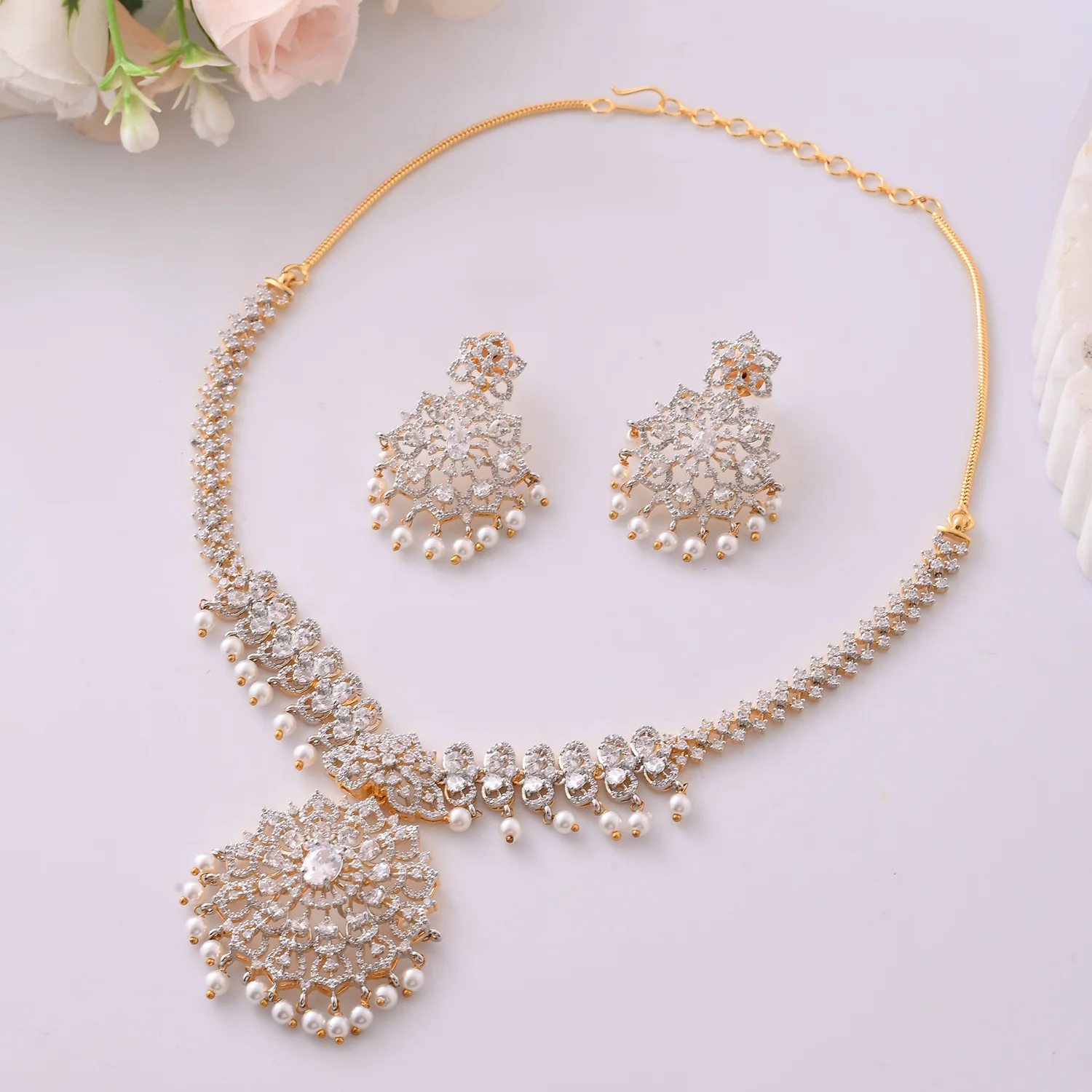 Sparkling Opulance Luxe Gold American Diamond Necklace Set