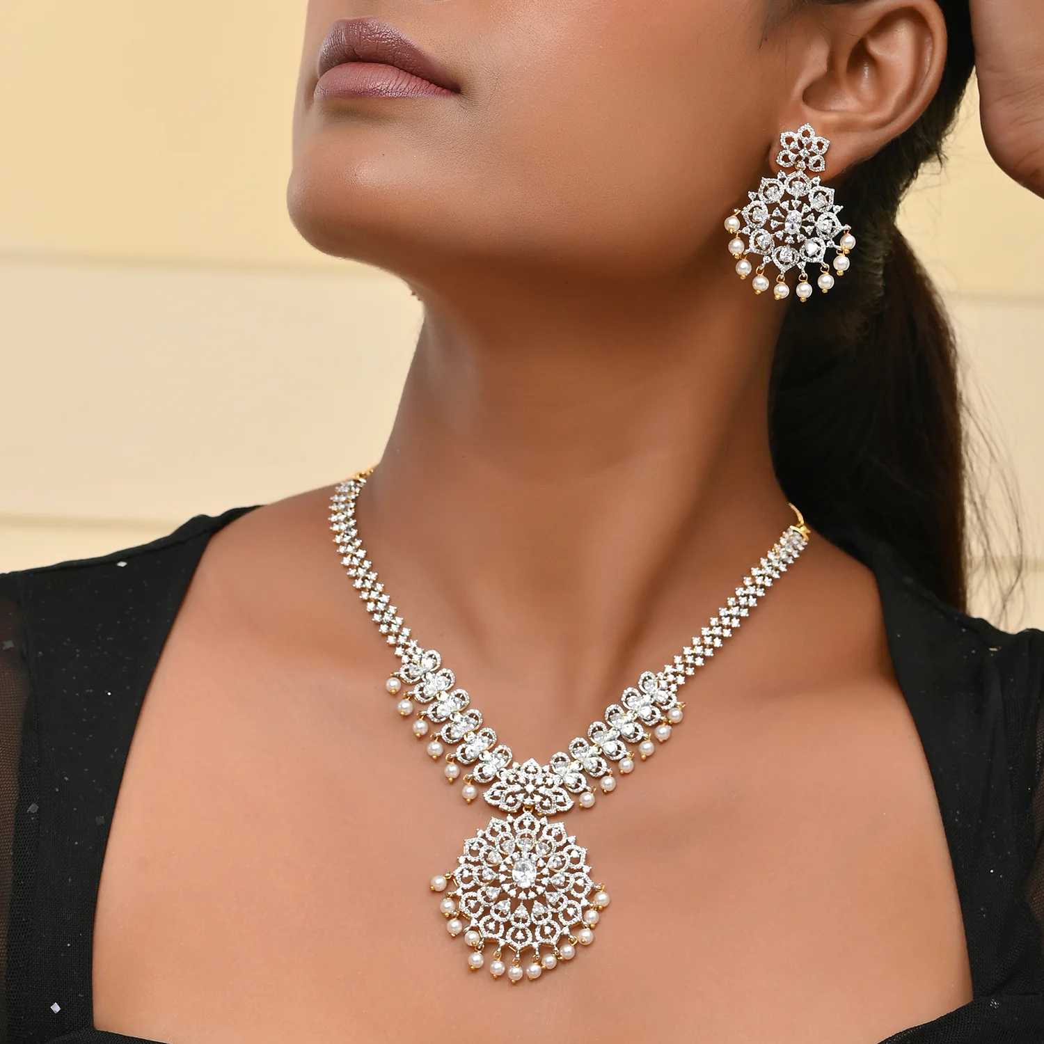 Sparkling Opulance Luxe Gold American Diamond Necklace Set - Image 2