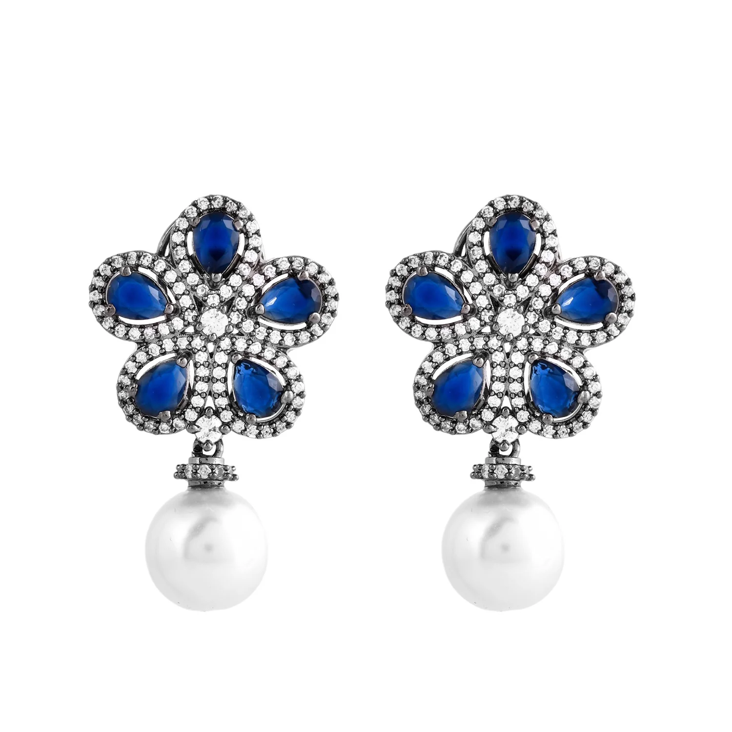 Sparkling Opulance Midnight Blooms American Diamond Dangler Earrings - Image 4