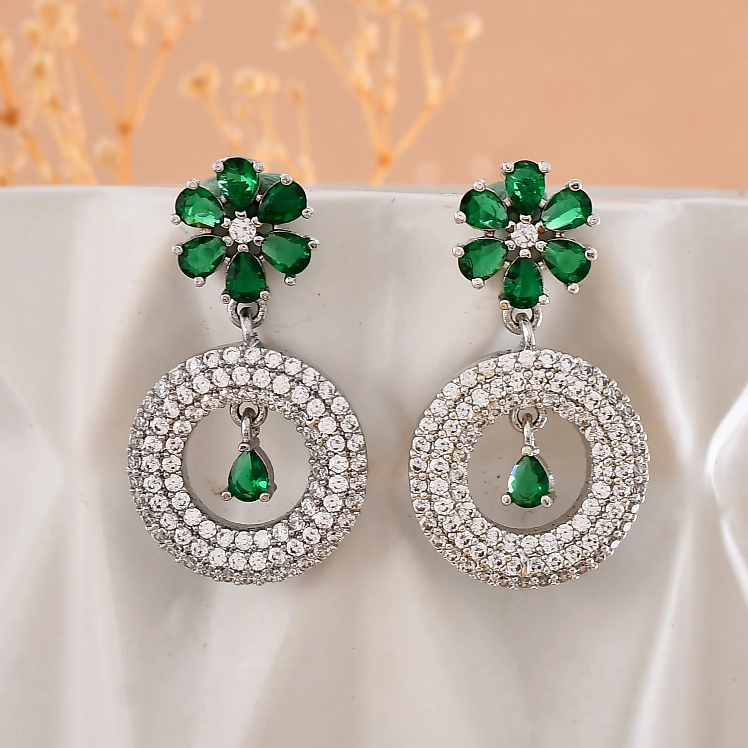 Sparkling Opulance Radiant Floral American Diamond Dangler Earrings