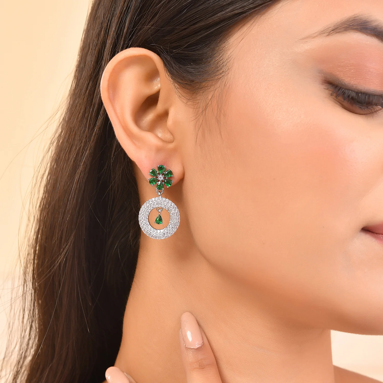 Sparkling Opulance Radiant Floral American Diamond Dangler Earrings - Image 2