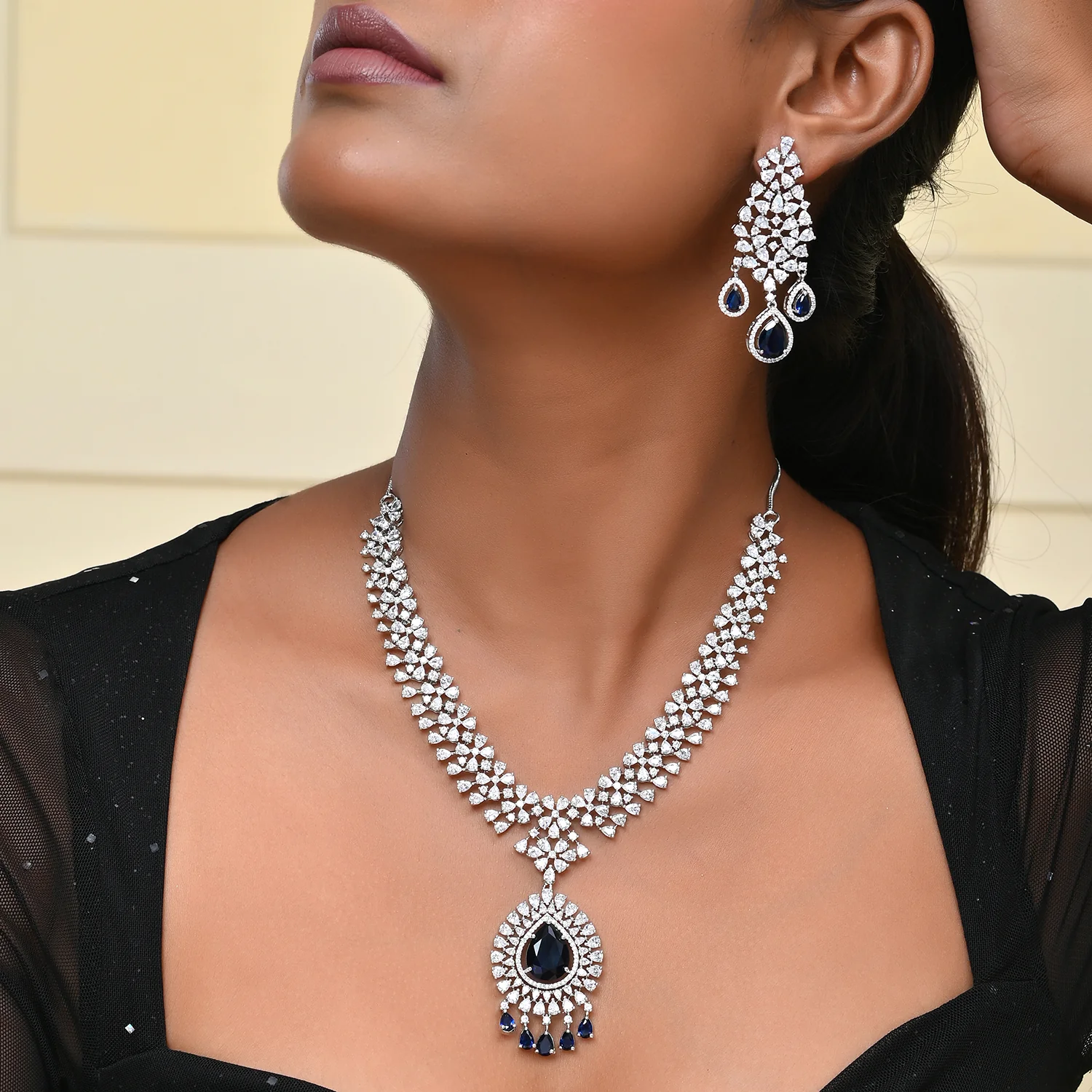 Sparkling Opulance Regal Blue American Diamond Necklace Set - Image 2