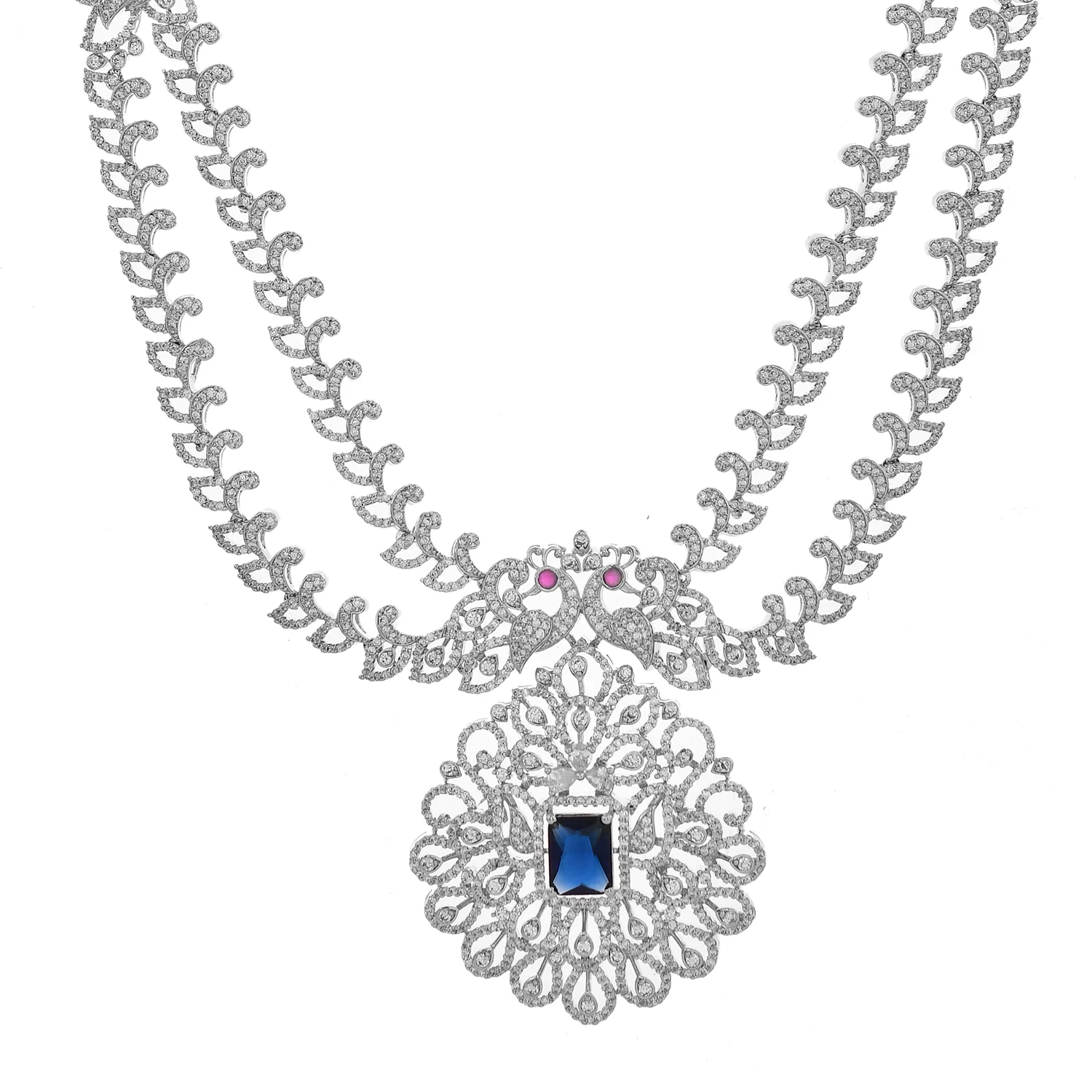 Sparkling Opulance Saphhire Plume American Diamond Necklace Set - Image 5