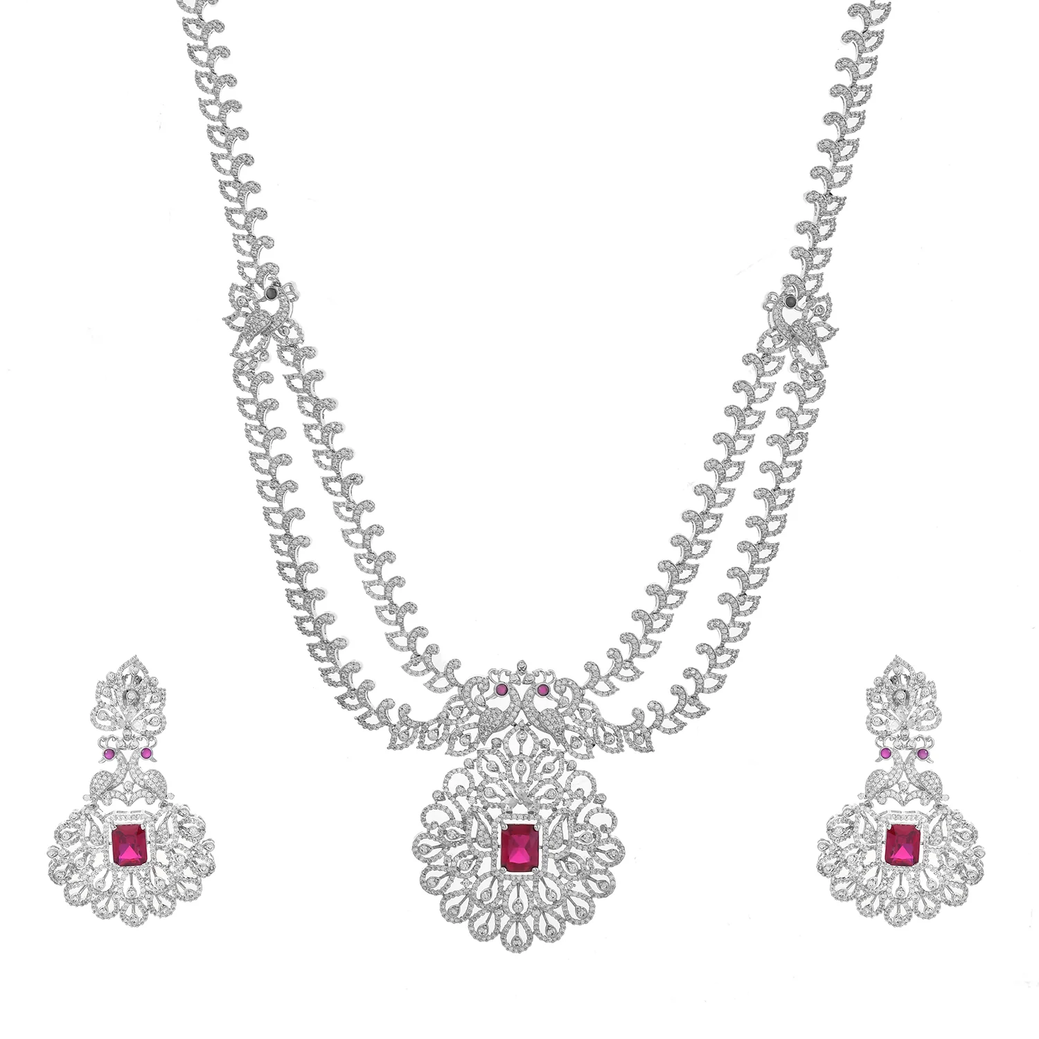 Sparkling Opulance Scarlet Plume American Diamond Necklace Set - Image 3