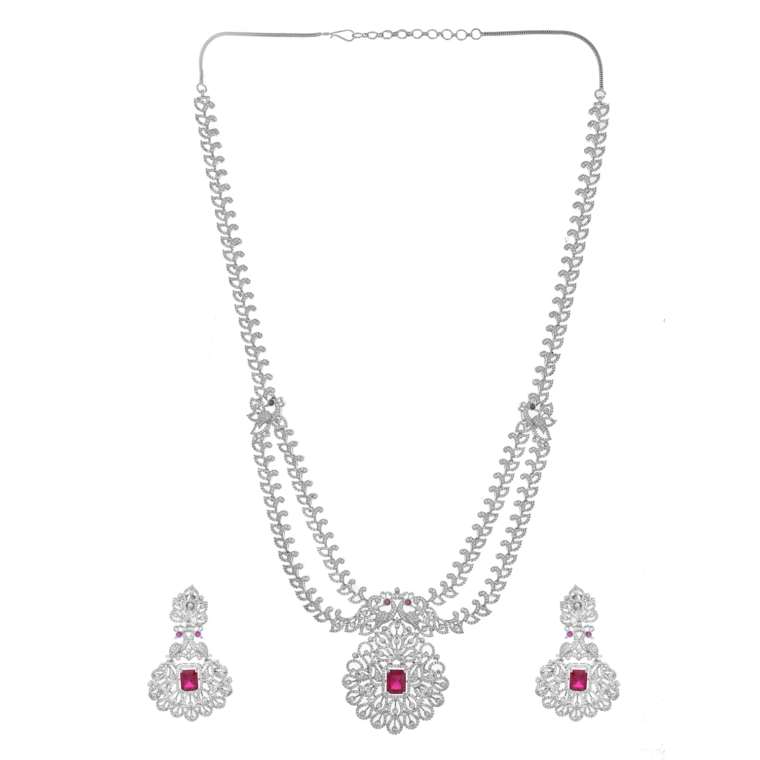Sparkling Opulance Scarlet Plume American Diamond Necklace Set - Image 4