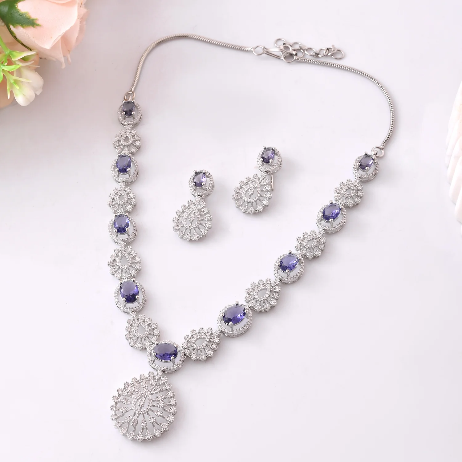 Sparkling Opulance Stunning Blue American Diamond Necklace Set