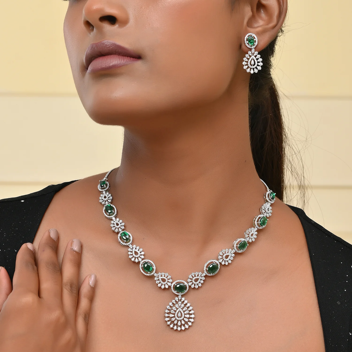 Sparkling Opulance Stunning Green American Diamond Necklace Set - Image 2