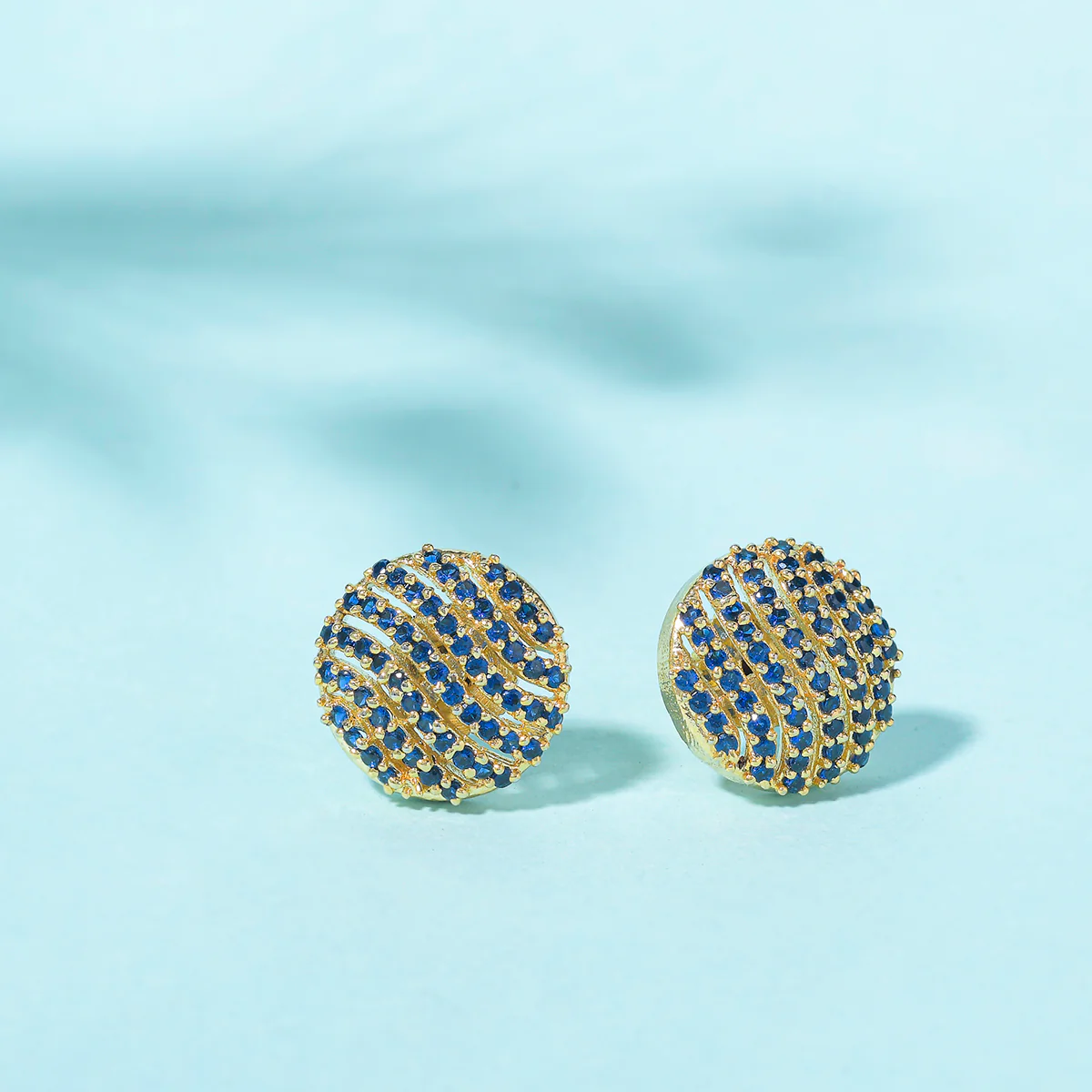 Sparling Elegance Royal Blue Round Cut Zircons Brass Gold Plated Earrings