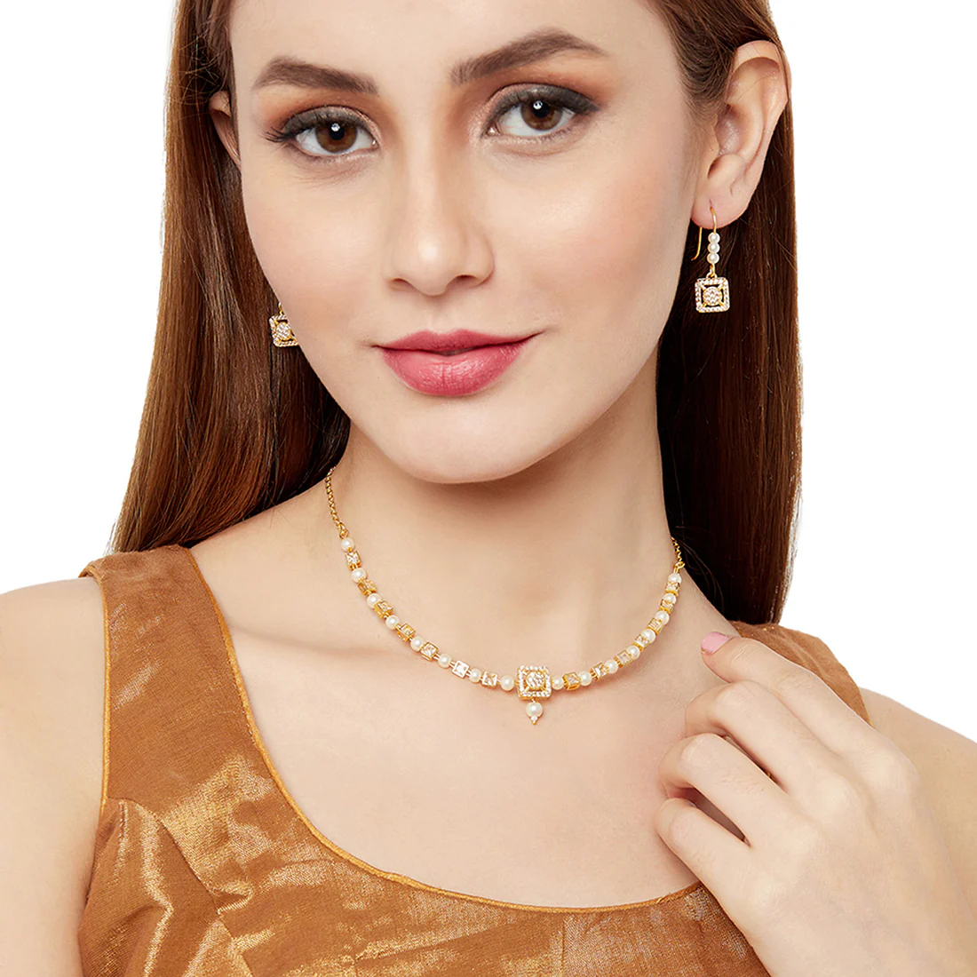 Splendid Pearly White Necklace Set In Gold Tone - Image 2