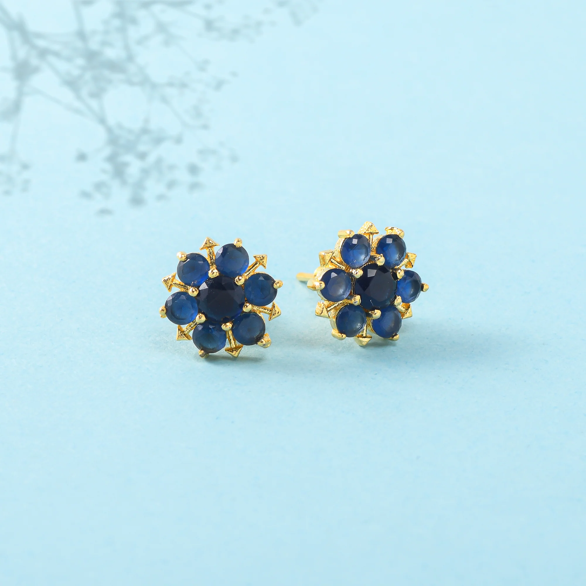 Spokes Blue CZ Gold Plated Stud Earrings