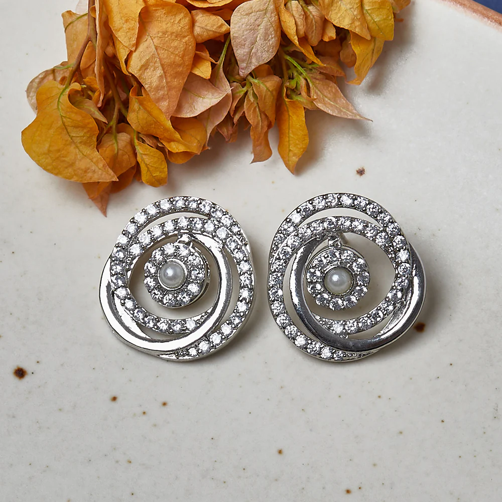 Sqaure Cut CZ and Faux Pearls Brass Silver Plated Earrings