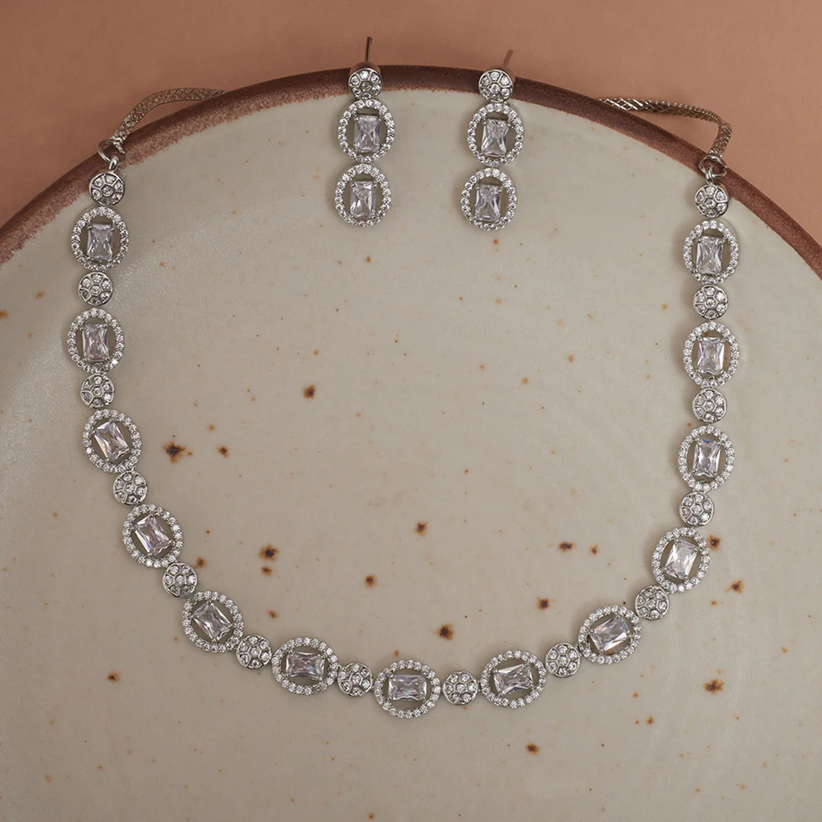 Square Cut Cushion Setting CZ Brass Silver Plated Jewellery Set