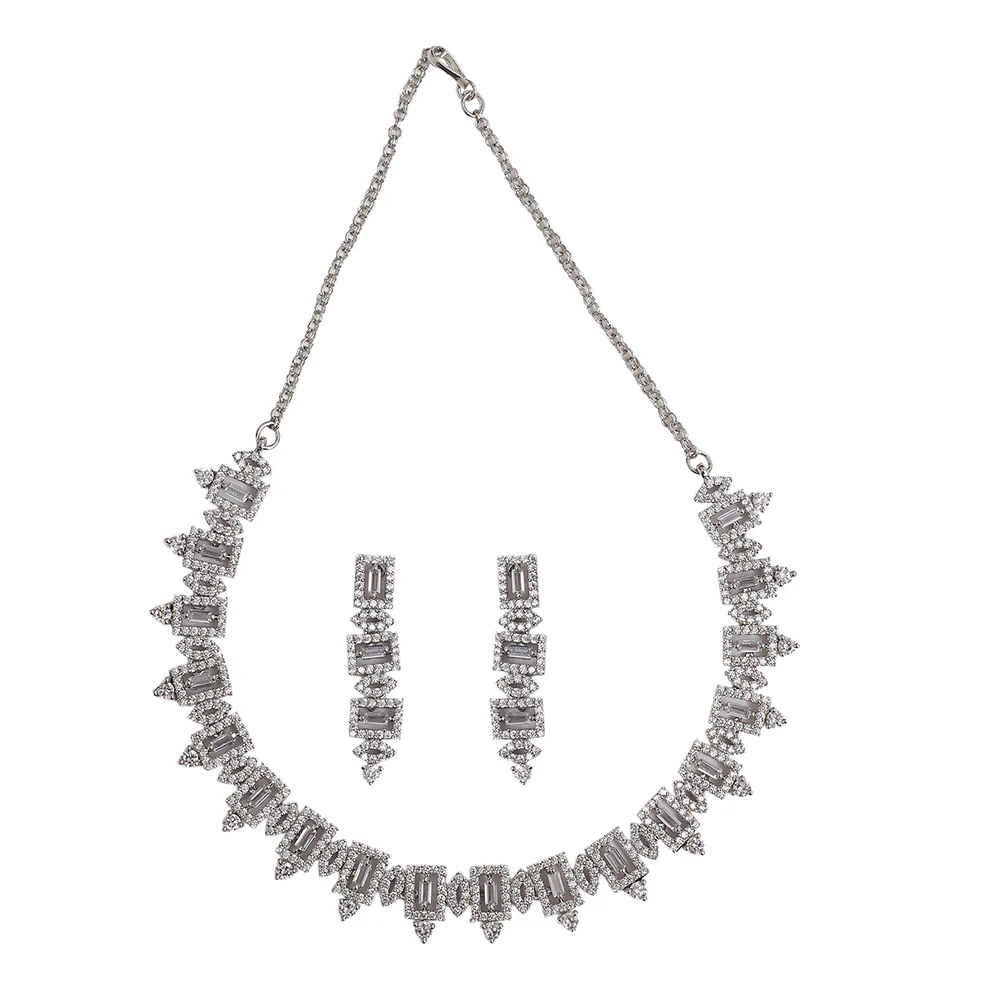 Square Cut Silver Plated Zircons Embellished Jewellery Set - Image 3