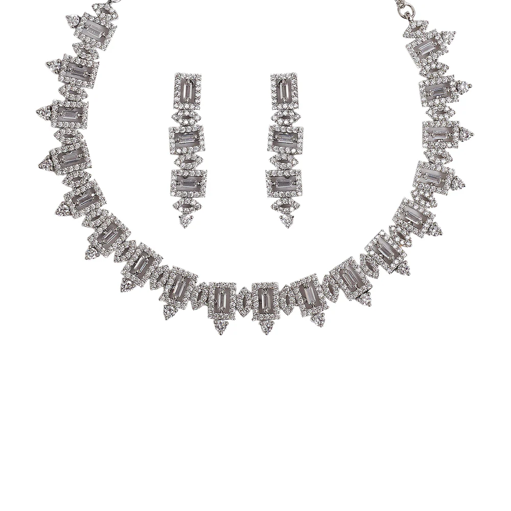 Square Cut Silver Plated Zircons Embellished Jewellery Set - Image 4
