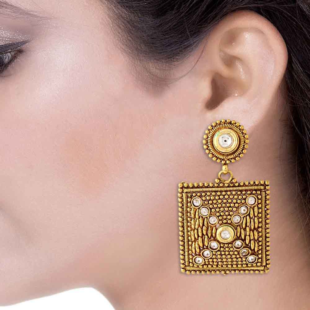 Square Dangled Earrings Inspired By Kundan - Image 2