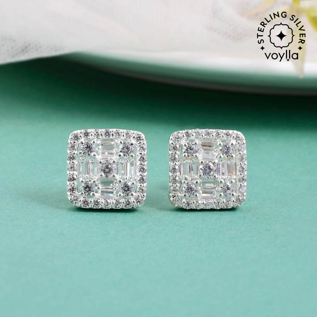 Square Shaped Stud Earrings Decked With CZ