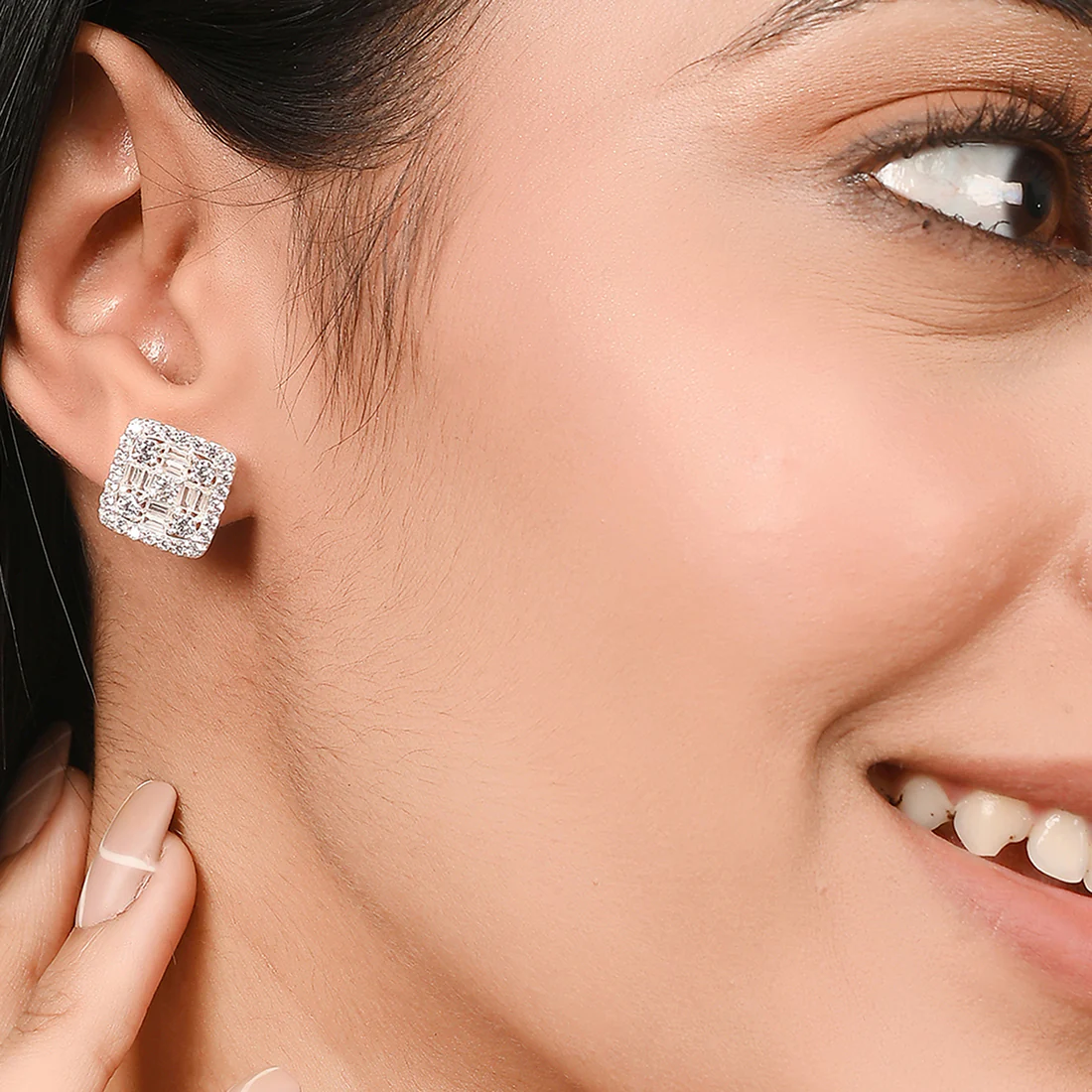 Square Shaped Stud Earrings Decked With CZ - Image 2