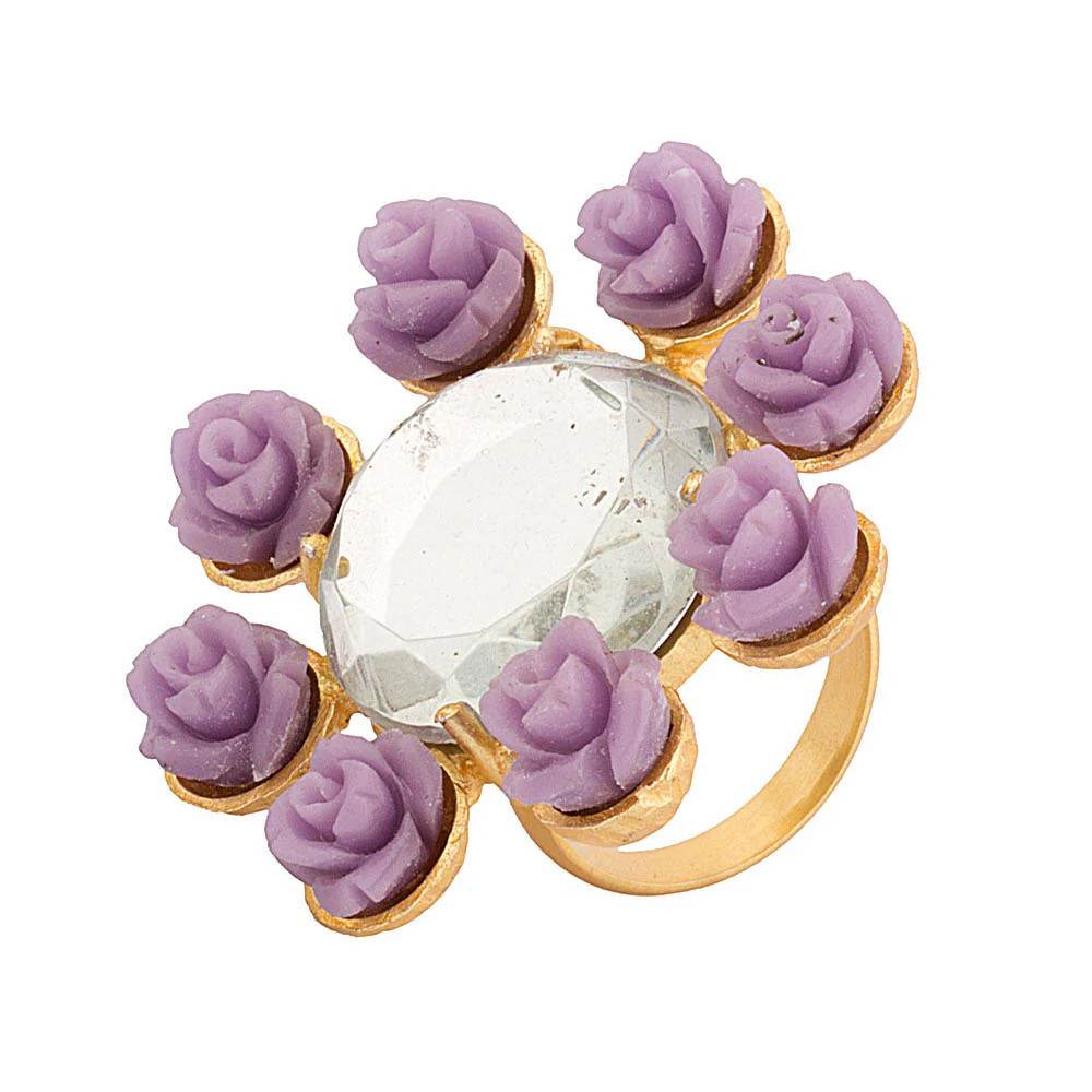 Statement Floral Purple Stone Studded Gold Tone Ring - Image 3