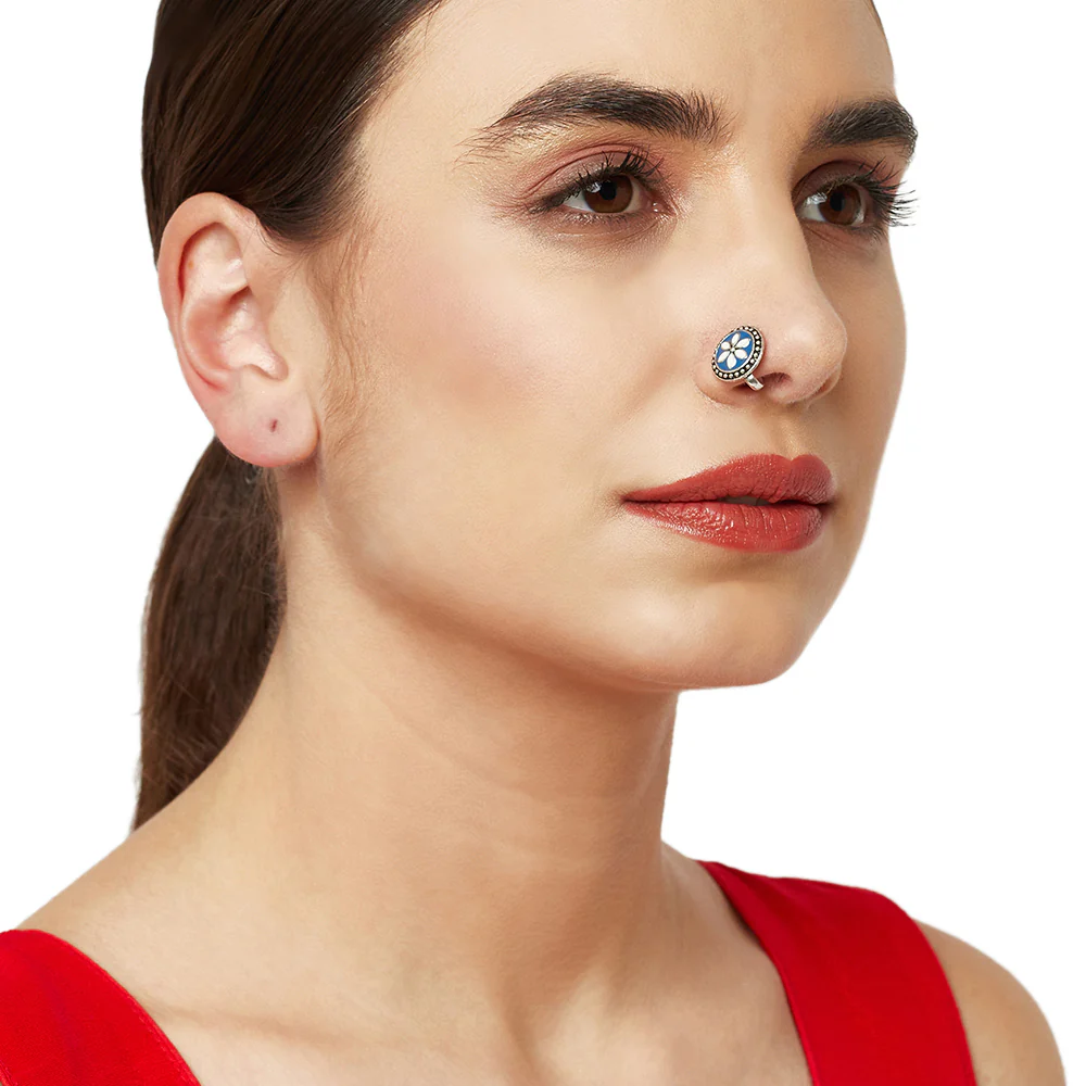 Statement Nose Pin with Blue Enamel - Image 2