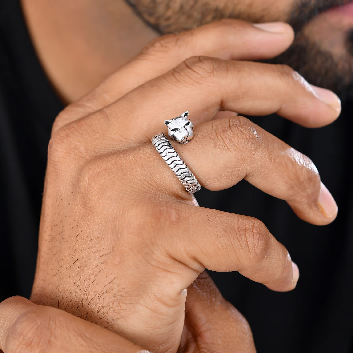 Statement Panther Silver Oxidised Men’s Ring - Image 2