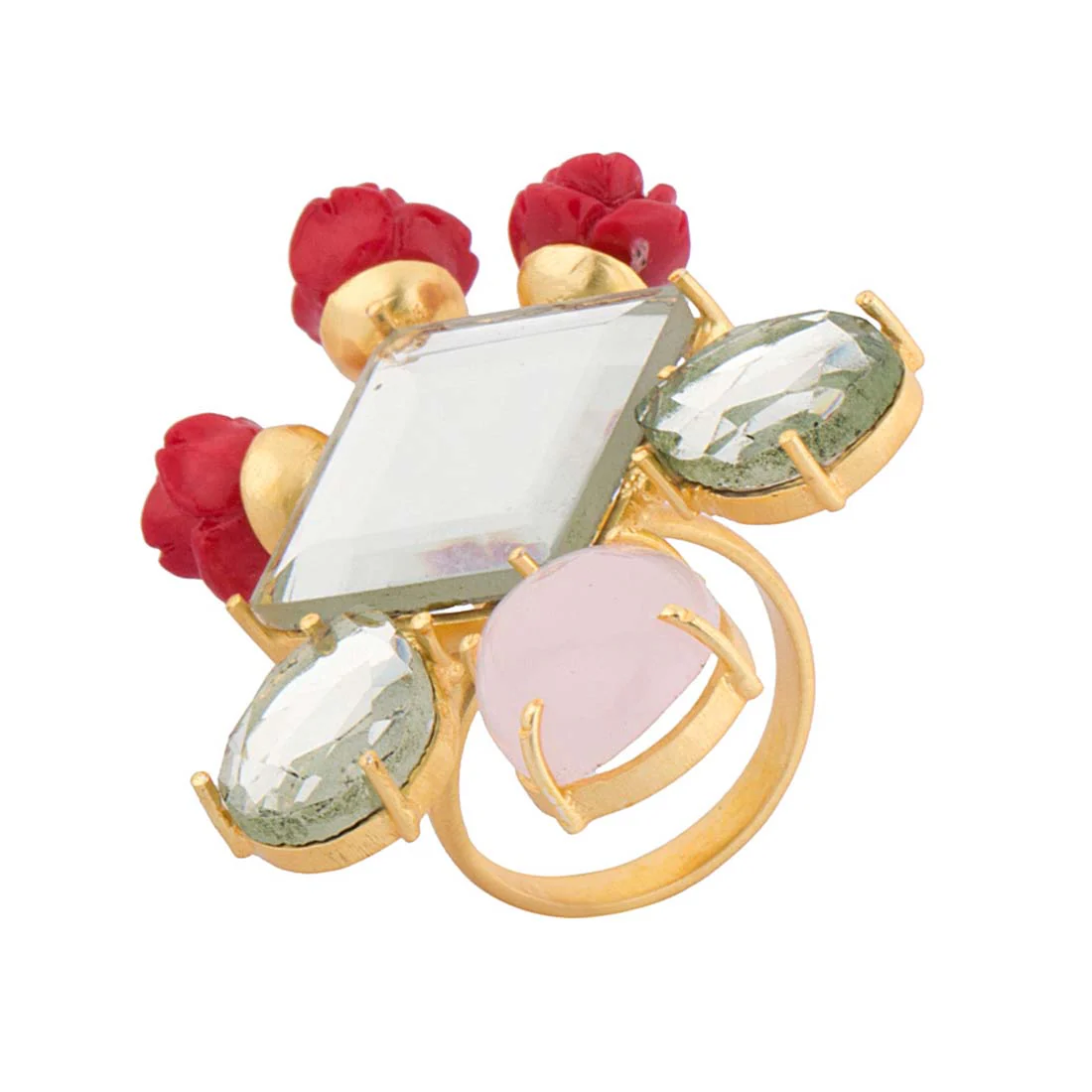 Statement Pink Stone Studded Gold Tone Ring - Image 2