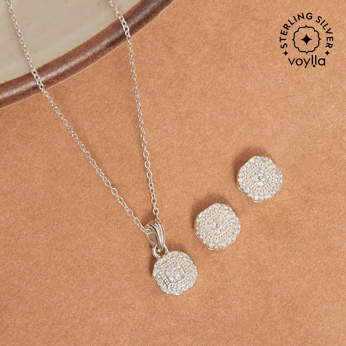 Stellar CZ Stone Set Border Pendant and Earring 925 Sterling Silver Set