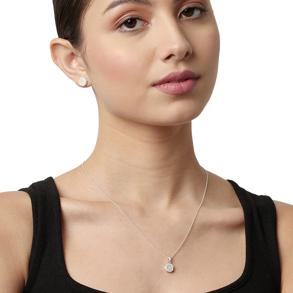 Stellar CZ Stone Set Border Pendant and Earring 925 Sterling Silver Set - Image 2