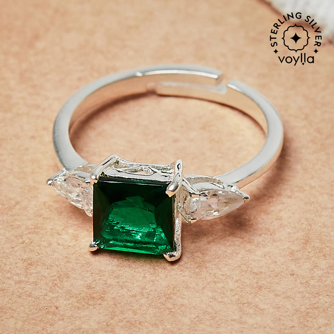 Sterling Silver Cocktail Ring With Green Stone