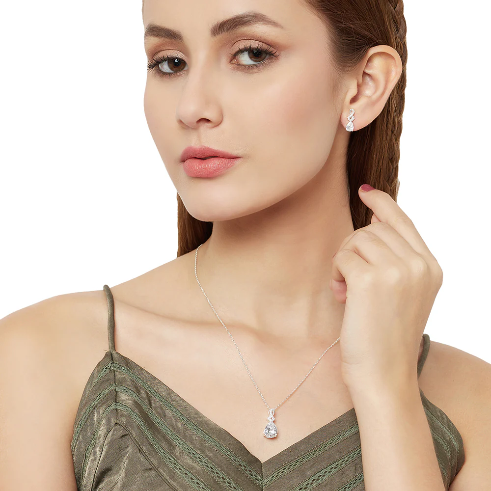 Sterling Silver CZ Embellished Drop-Shape Pendant Set - Image 2