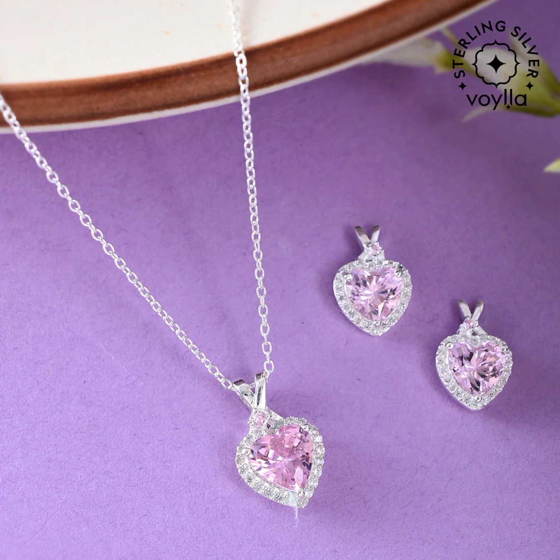 Sterling Silver CZ Embellished Heart-Shape Pendant Set