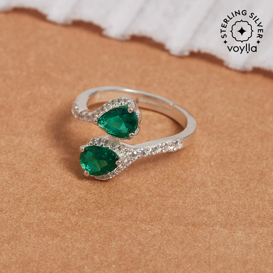 Sterling Silver Ladies Cubic Zirconia Emerald Green Adjustable Ring