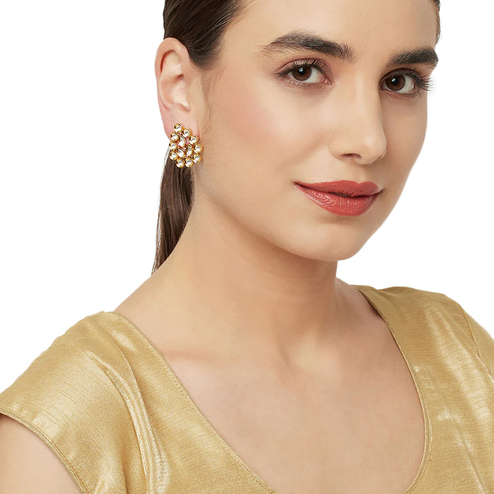Stud Style Faux Round Cut Kundans Adorned Brass Gold Toned Earrings - Image 2