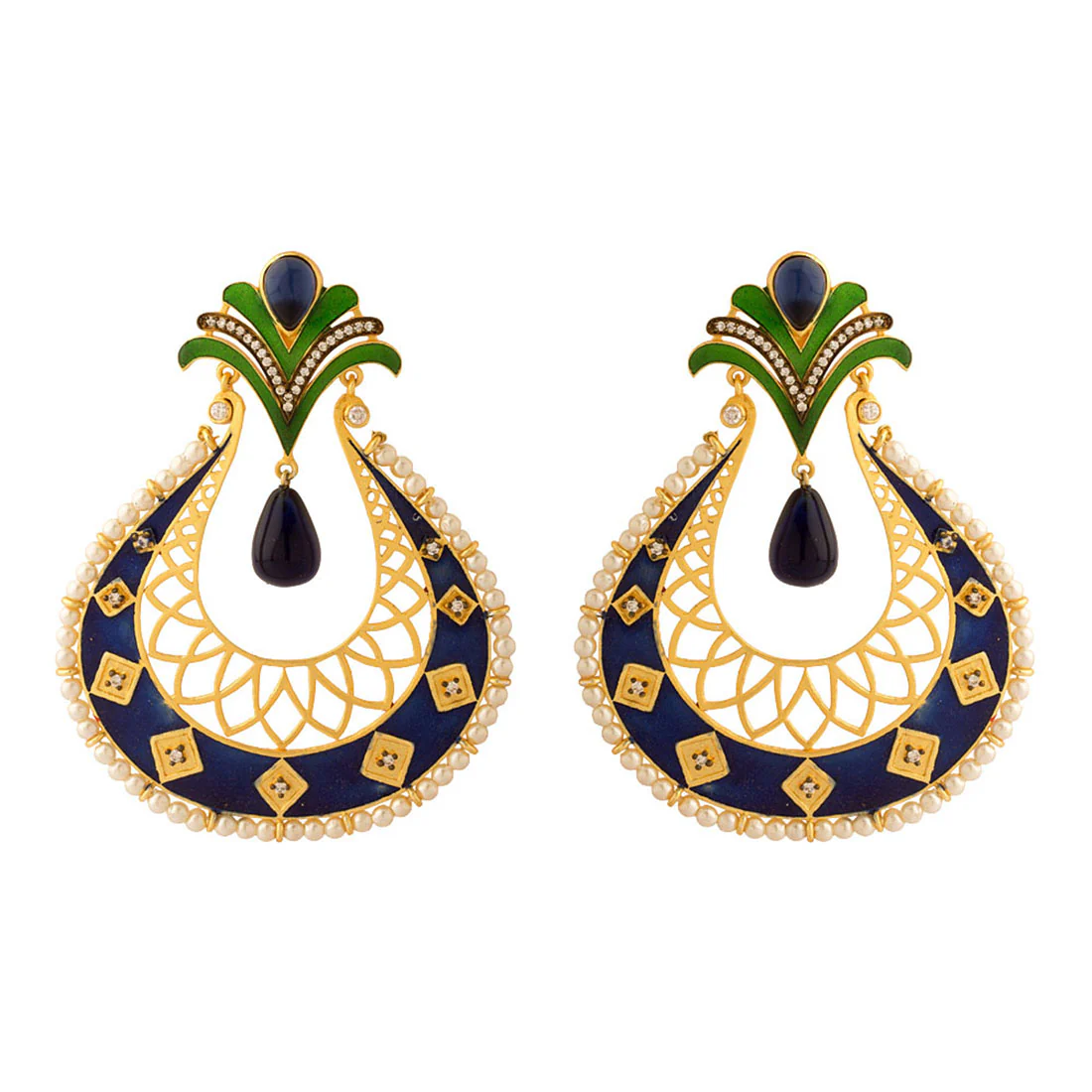 Stunning Pair Of Dangler Earrings With Blue Enamel Work