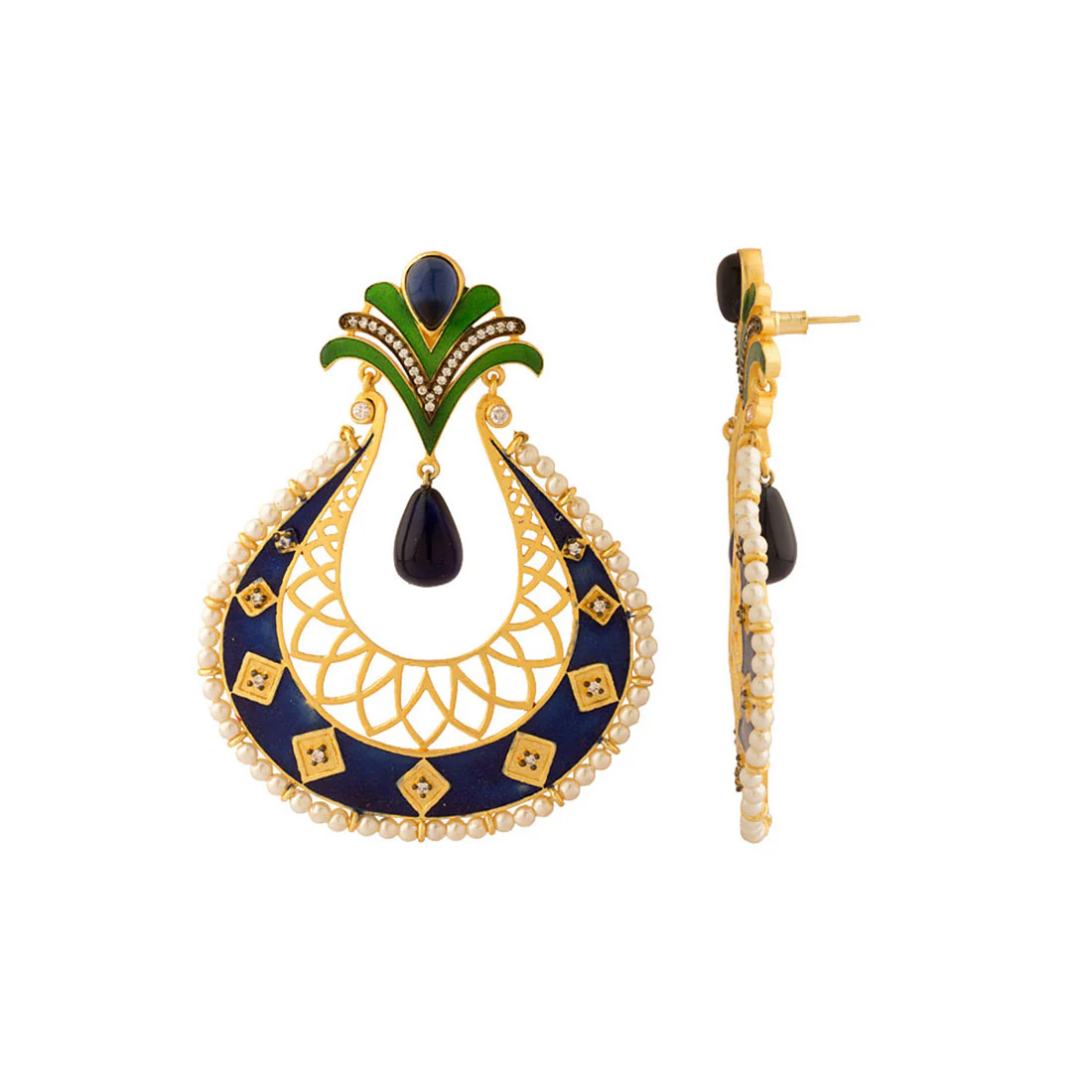 Stunning Pair Of Dangler Earrings With Blue Enamel Work - Image 2