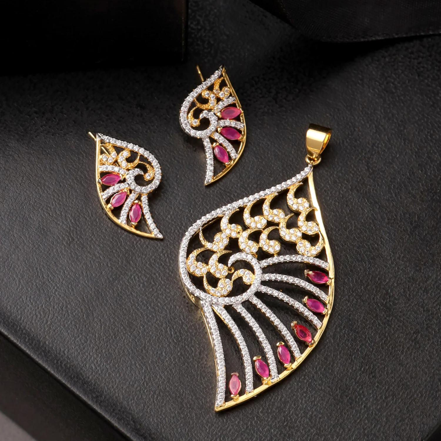 Stylish CZ Studded Pendant Set- Pink