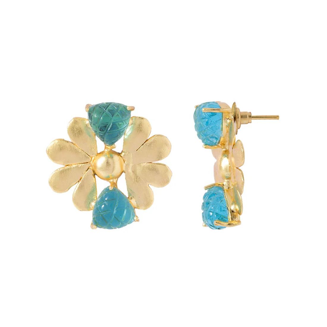 Stylish Floral Shaped Golden Earrings with Blue Stone - Image 2