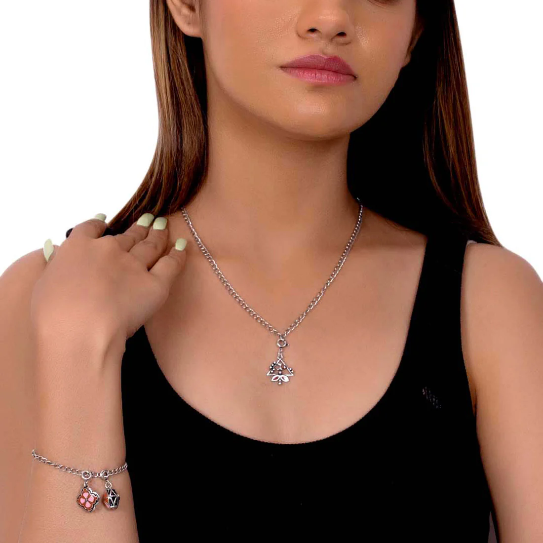 Stylish Oxidized Enameled Charms Pendant with Bracelet - Image 2